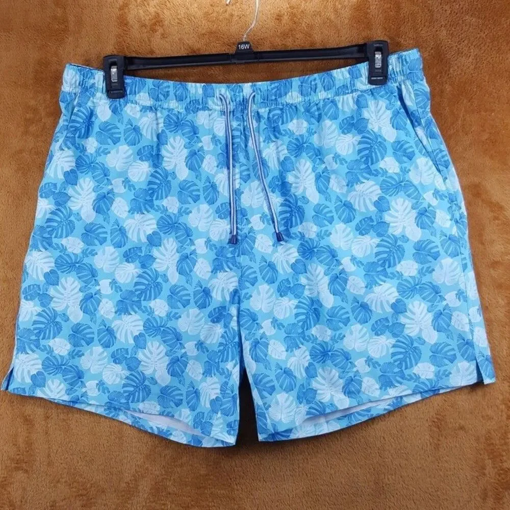 PETER MILLAR Swimwear Mens XXL Blue Floral Swim Trunks Pockets Linework Monstera